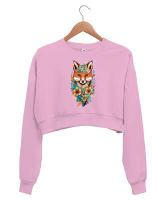 Tilki Baskılı Pembe Pembe Kadın Crop Sweatshirt - Tisho