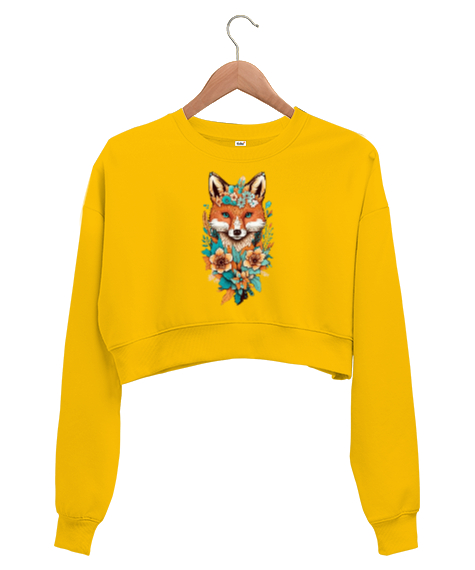 Tisho - Tilki Baskılı Sarı Sarı Kadın Crop Sweatshirt