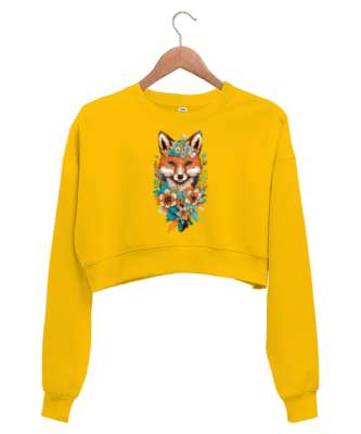 Tilki Baskılı Sarı Sarı Kadın Crop Sweatshirt - Tisho