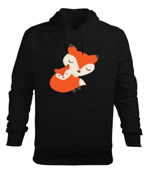 Tilki Baskılı Siyah Erkek Kapüşonlu Hoodie Sweatshirt - Tisho