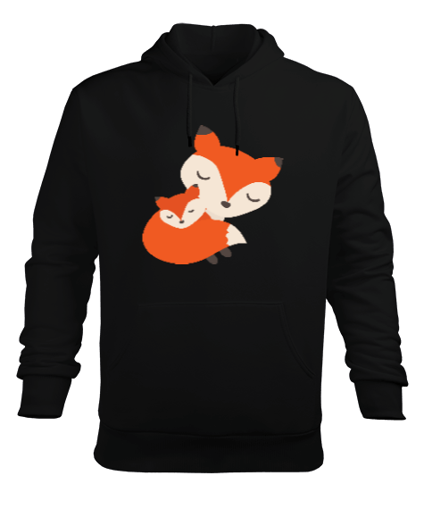 Tisho - Tilki Baskılı Siyah Erkek Kapüşonlu Hoodie Sweatshirt