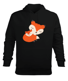 Tilki Baskılı Siyah Erkek Kapüşonlu Hoodie Sweatshirt - Tisho