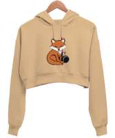 Tilki Camel Kadın Crop Hoodie Kapüşonlu Sweatshirt - Tisho