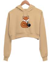 Tilki Camel Kadın Crop Hoodie Kapüşonlu Sweatshirt - Tisho