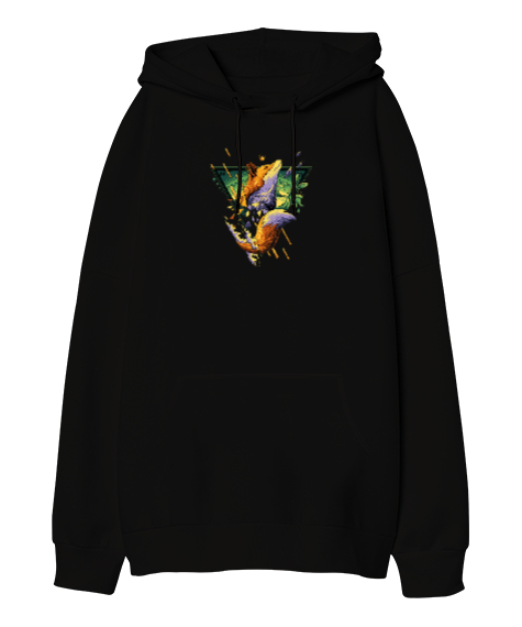Tisho - tilki desenli Siyah Oversize Unisex Kapüşonlu Sweatshirt