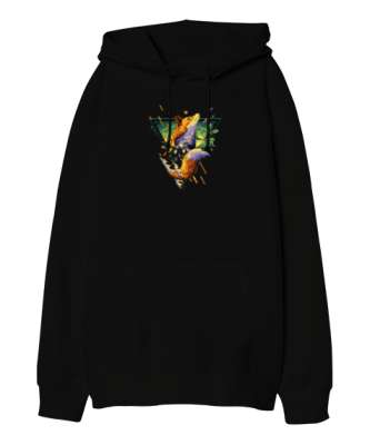 tilki desenli Siyah Oversize Unisex Kapüşonlu Sweatshirt - Thumbnail