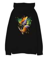 tilki desenli Siyah Oversize Unisex Kapüşonlu Sweatshirt - Thumbnail