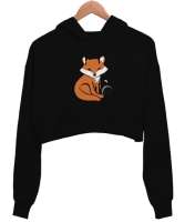 Tilki Siyah Kadın Crop Hoodie Kapüşonlu Sweatshirt - Tisho