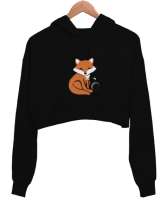 Tilki Siyah Kadın Crop Hoodie Kapüşonlu Sweatshirt - Tisho