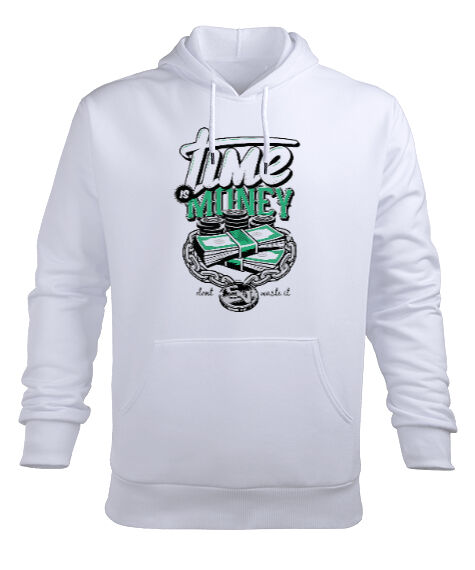 Tisho - Time Is Money Beyaz Erkek Kapüşonlu Hoodie Sweatshirt