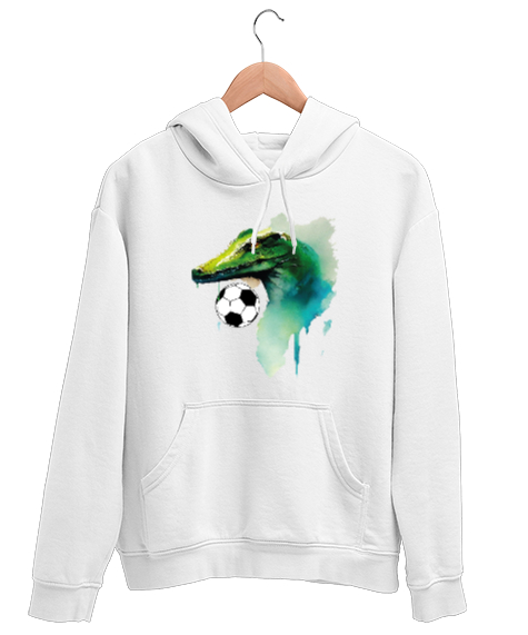 Tisho - Timsah ve futbol topu tasarım baskılı Beyaz Unisex Kapşonlu Sweatshirt
