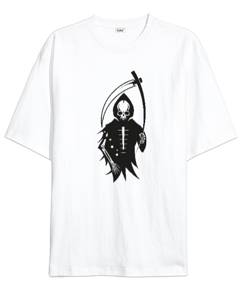 Tisho - Tırpanlı İskelet - Skeleton Scythe Beyaz Oversize Unisex Tişört