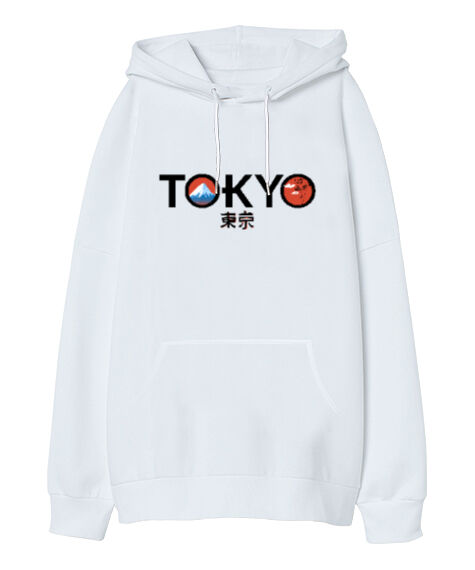 Tisho - Tokyo JPN Beyaz Oversize Unisex Kapüşonlu Sweatshirt