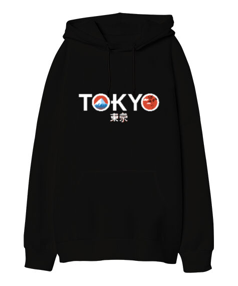 Tisho - Tokyo JPN Siyah Oversize Unisex Kapüşonlu Sweatshirt