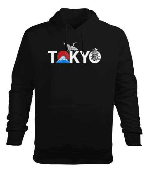 Tisho - Tokyo Mountain Fuji Tasarımı Baskılı Siyah Erkek Kapüşonlu Hoodie Sweatshirt