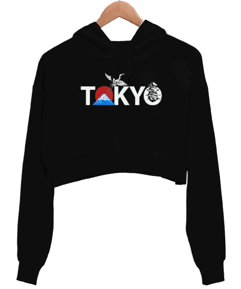 Tisho - Tokyo Mountain Fuji Tasarımı Baskılı Siyah Kadın Crop Hoodie Kapüşonlu Sweatshirt