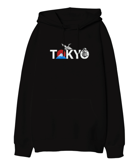 Tisho - Tokyo Mountain Fuji Tasarımı Baskılı Siyah Oversize Unisex Kapüşonlu Sweatshirt