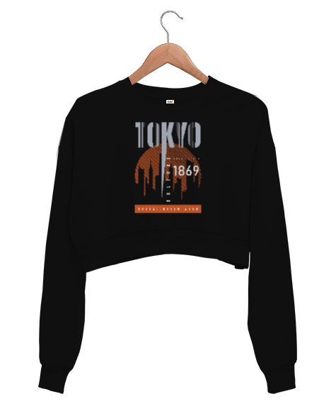 Tisho - Tokyo Şehri - Japonya Siyah Kadın Crop Sweatshirt