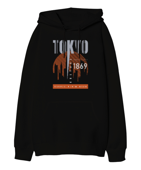 Tisho - Tokyo Şehri - Japonya Siyah Oversize Unisex Kapüşonlu Sweatshirt