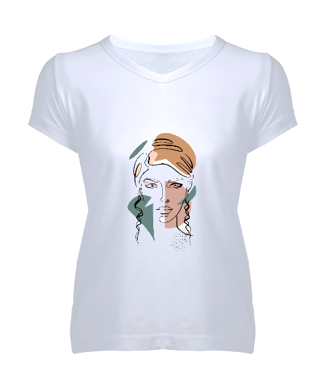 Tisho - Topuzlu Potre Görselli Beyaz Kadın V Yaka Tişört