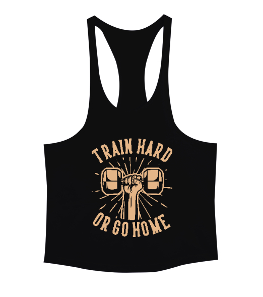 Tisho - Train Hard or Go Home Gym Fitness Baskılı Siyah Erkek Tank Top Atlet