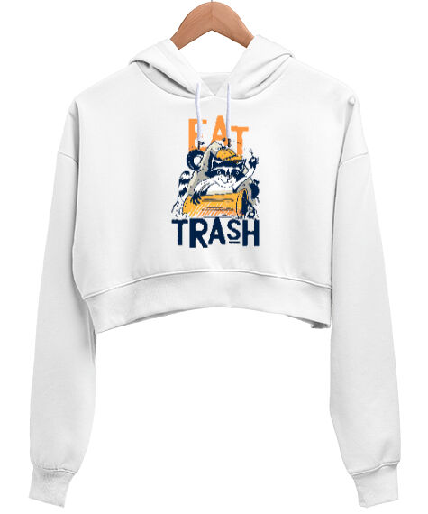 Tisho - Trash Cat Beyaz Kadın Crop Hoodie Kapüşonlu Sweatshirt