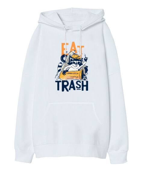 Tisho - Trash Cat Beyaz Oversize Unisex Kapüşonlu Sweatshirt