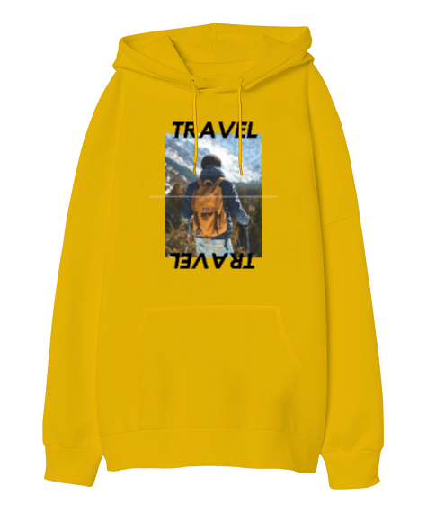 Tisho - TRAVEL Sarı Oversize Unisex Kapüşonlu Sweatshirt