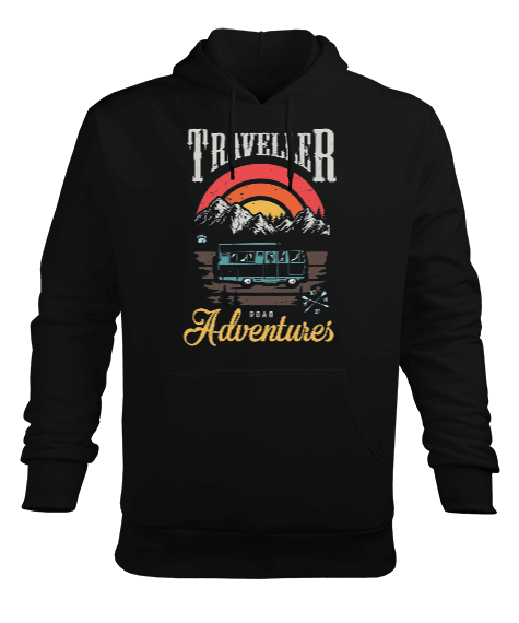 Tisho - Traveller Road Adventures Tasarım Baskılı Erkek Kapüşonlu Hoodie Sweatshirt
