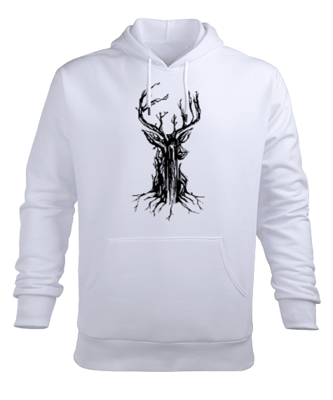 Tisho - Tree Deer Beyaz Erkek Kapüşonlu Hoodie Sweatshirt
