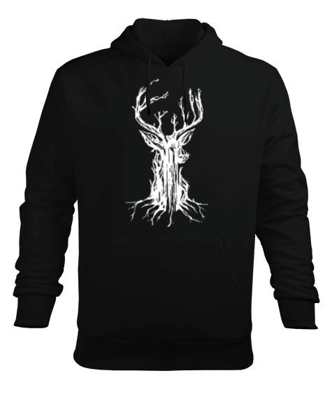 Tisho - Tree Deer Siyah Erkek Kapüşonlu Hoodie Sweatshirt