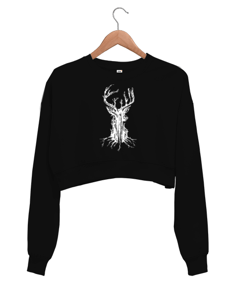 Tisho - Tree Deer Siyah Kadın Crop Sweatshirt