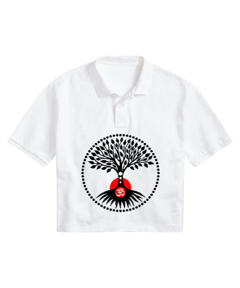 Tisho - Tree Life - Yoga, Çakra, Om, Meditasyon Beyaz Kadın Crop Polo Yaka Tişört