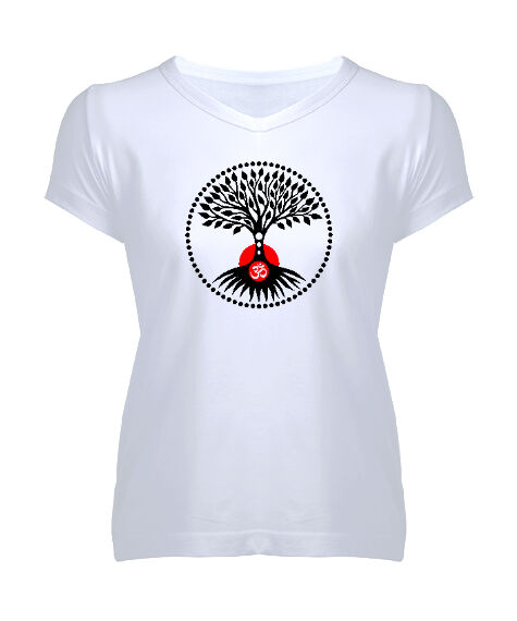 Tisho - Tree Life - Yoga, Çakra, Om, Meditasyon Beyaz Kadın V Yaka Tişört