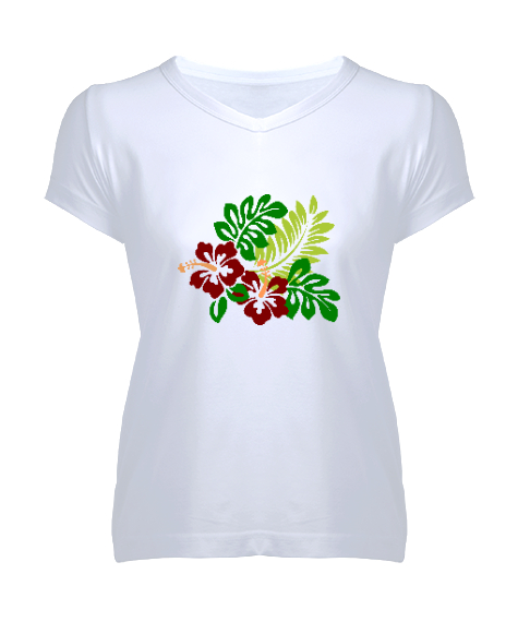 Tisho - Tropikal Çiçekli Beyaz Kadın V Yaka Tişört