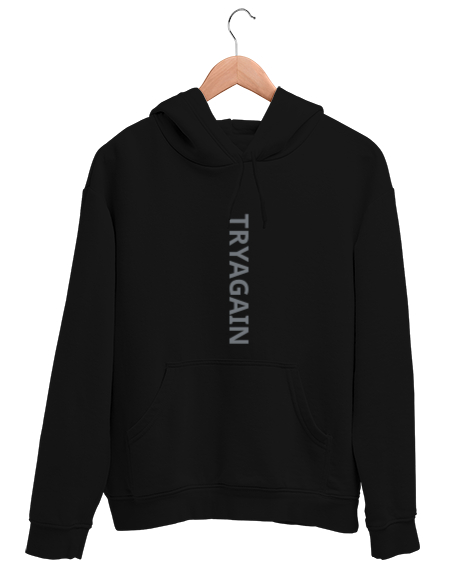 Tisho - Tryagain yazılı Siyah Unisex Kapşonlu Sweatshirt