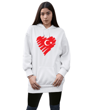 Tisho - Türk Bayrağı Kalp Konum tasarımlı Kadın Uzun Hoodie Kapüşonlu Sweatshirt