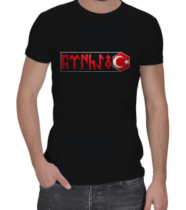 Türk Bayrağı ve Göktürkçe Atatürk yazılı Erkek Regular Kesim Tişört - Tisho