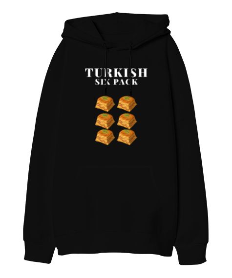 Tisho - Türk Kası Baklava Turkish Six Pack Tasarım Baskılı Siyah Oversize Unisex Kapüşonlu Sweatshirt