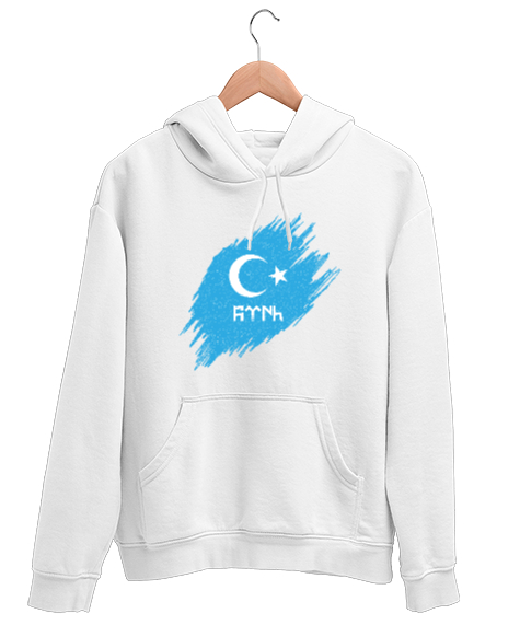 Tisho - Türk yazısı göktürk harfleri ve ay yıldız tasarım baskılı Beyaz Unisex Kapşonlu Sweatshirt