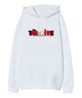 Türkiye - 3 Boyutlu Beyaz Oversize Unisex Kapüşonlu Sweatshirt - Tisho