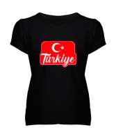 Türkiye - Ay Yıldız Siyah Kadın V Yaka Tişört - Tisho