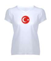 Türkiye Beyaz Kadın V Yaka Tişört - Tisho