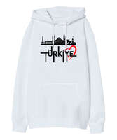 Türkiye Beyaz Oversize Unisex Kapüşonlu Sweatshirt - Tisho