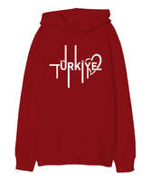 Türkiye Kırmızı Oversize Unisex Kapüşonlu Sweatshirt - Tisho