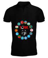 Türkiye,Turan,Göktürk,Azerbaycan,Kazakistan,Türkmenistan,Tacikistan,Özbekistan,Kyrgyzstan. Siyah Erkek Kısa Kol Polo Yaka - Tisho