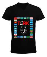 Türkiye,Turan,Göktürk,Azerbaycan,Kazakistan,Türkmenistan,Tacikistan,Özbekistan,Kyrgyzstan. Siyah Erkek Kısa Kol V Yaka Tişört - Tisho