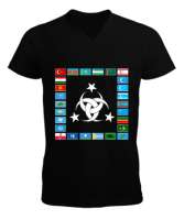 Türkiye,Turan,Göktürk,Azerbaycan,Kazakistan,Türkmenistan,Tacikistan,Özbekistan,Kyrgyzstan. Siyah Erkek Kısa Kol V Yaka Tişört - Tisho