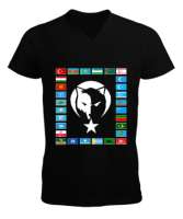 Türkiye,Turan,Göktürk,Azerbaycan,Kazakistan,Türkmenistan,Tacikistan,Özbekistan,Kyrgyzstan. Siyah Erkek Kısa Kol V Yaka Tişört - Tisho