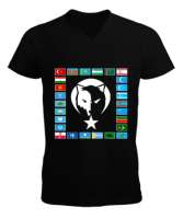 Türkiye,Turan,Göktürk,Azerbaycan,Kazakistan,Türkmenistan,Tacikistan,Özbekistan,Kyrgyzstan. Siyah Erkek Kısa Kol V Yaka Tişört - Tisho